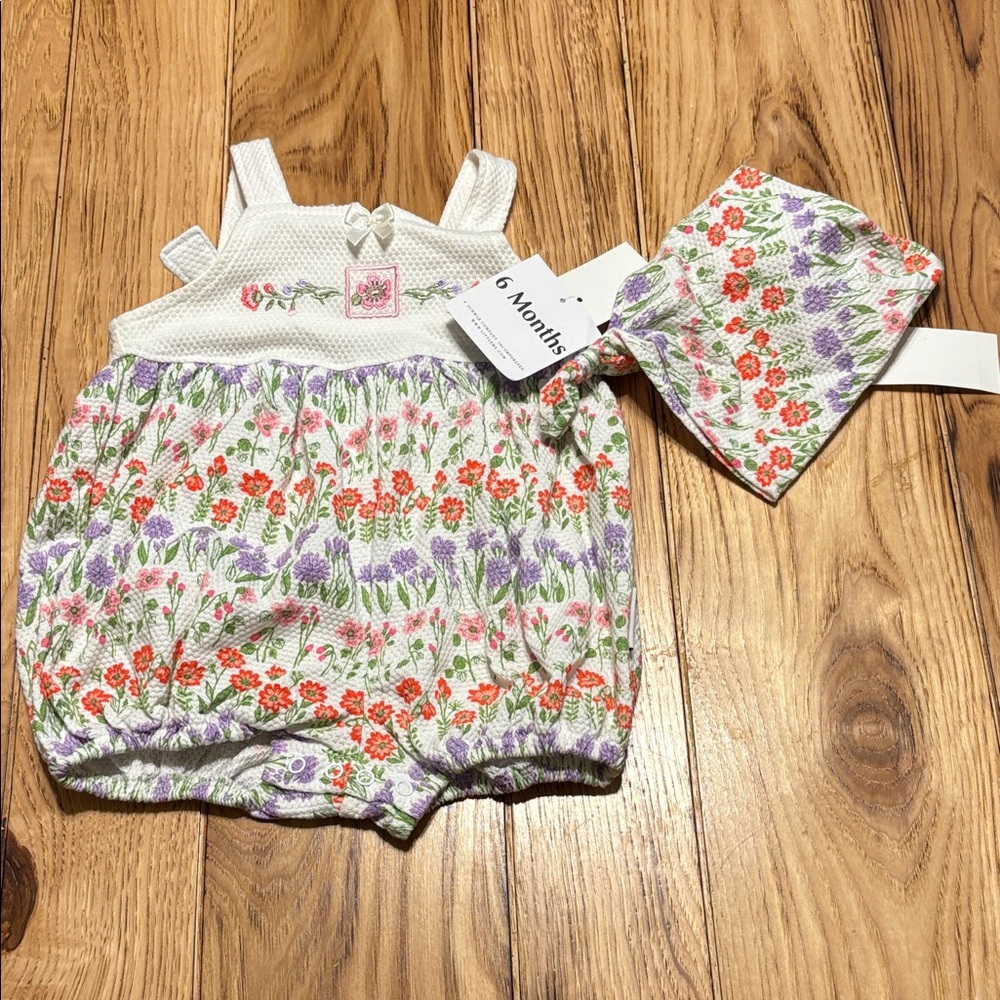 Little Me Floral Summer Romper Set - White, Purple, Orange & Green